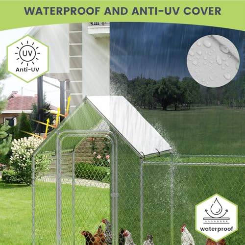 Chicken Coop, Large Metal Chicken Run, Outdoor Chicken Pen with Waterproof and Anti-UV Cover, Walk-in Chicken House with Lockable Door, for Yard