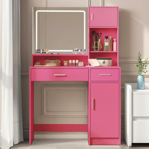 Vanity Desk with Mirror and Light, Large Drawer and Three Level Storage Dresser, 3 Lighting Modes Adjustable Brightness