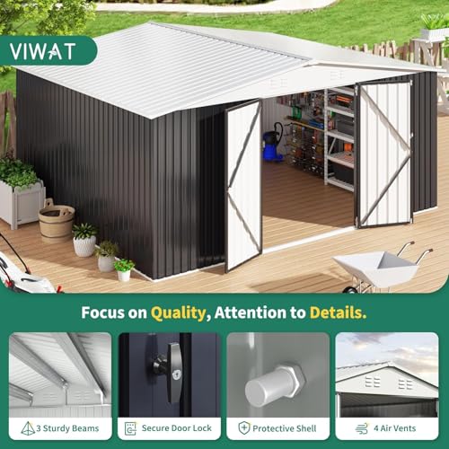 12x14 FT Outdoor Storage Shed, Garden Shed with Updated Frame Structure and Lockable Doors, Metal Tool Sheds for Backyard Garden Patio Lawn, White