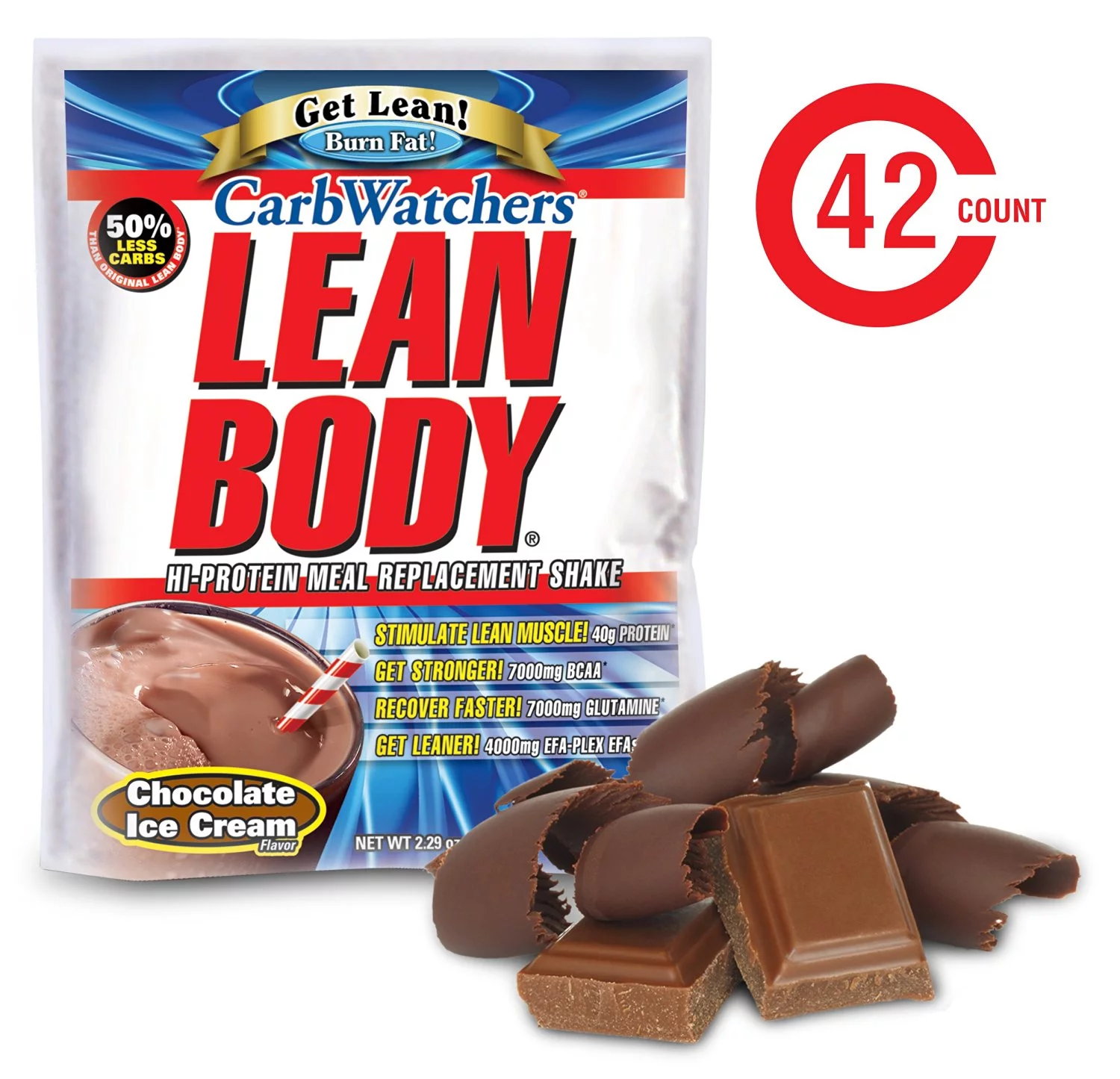 Labrada Carb Watchers Lean Body Hi-Protein Meal Replacement Shake, Chocolate Ice Cream, 2.29-Ounce Packets (Pack of 42)