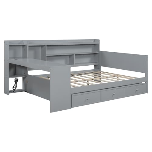 Bellemave Twin Corner Bed Frame with Storage Shelves and Desk, Wood Twin Size Daybed with Bookcase and Drawers and Storage, Gray