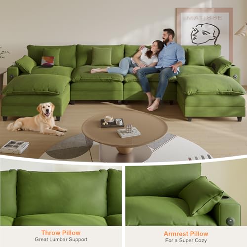 Modular Sectional Sofa, Cloud Couch with Ottoman, Charging Station, Throw Pillows, Cup Holders, Modern Convertible U Shaped Couches for Living Room
