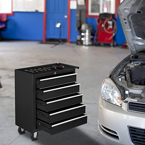 TUFFIOM 5-Drawer Rolling Tool Chest w/Drawers & Lock, Tool Storage Cabinet with Lockable Wheels, Top Cushion & Drawer Liners