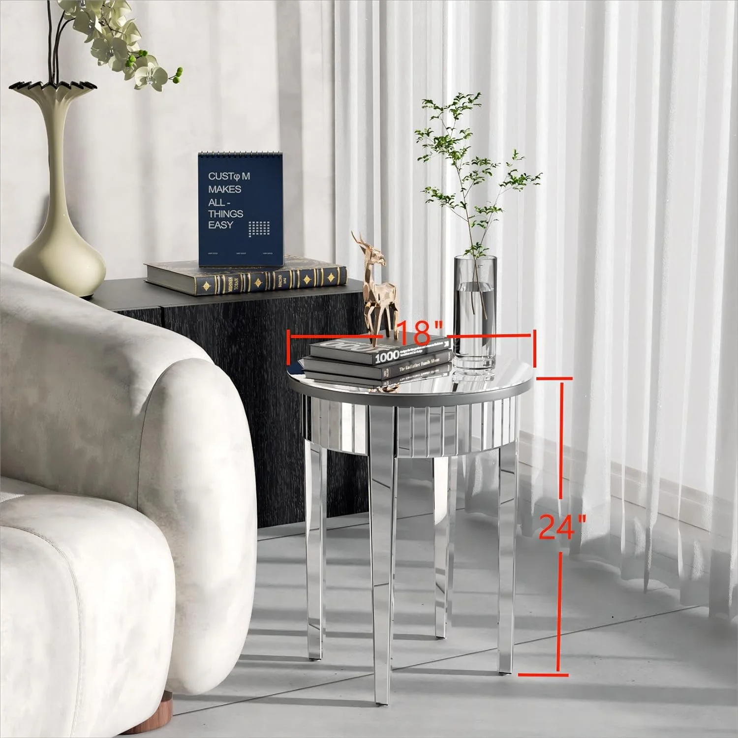 NLIBOOMLife Round Mirrored End Table  17.7 inches Circle Sofa  with Beveled Glass Silver Mirror Edge  Tall Decorative Nightstand Modern Accent Desk