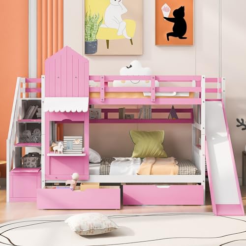 Harper & Bright Designs Twin Over Twin Bunk Bed with Stairs and Slide, Solid Wood Bunk Bed Frame with Storage Drawers and Bookshelf