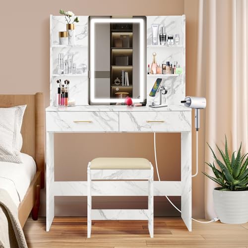 Vanity Set with Lights and Stool, Vanity Desk with Mirror and Lights，Vanity Power Outlet,Vanity Desk with Drawers
