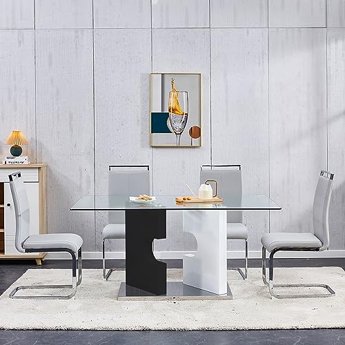 Glass Dining Table Set for 4,5 Piece Dining Table Set, Tempered Glass Table Top and Modern Design MDF Base with 4 PU Leather Ergonomic Dining Chairs