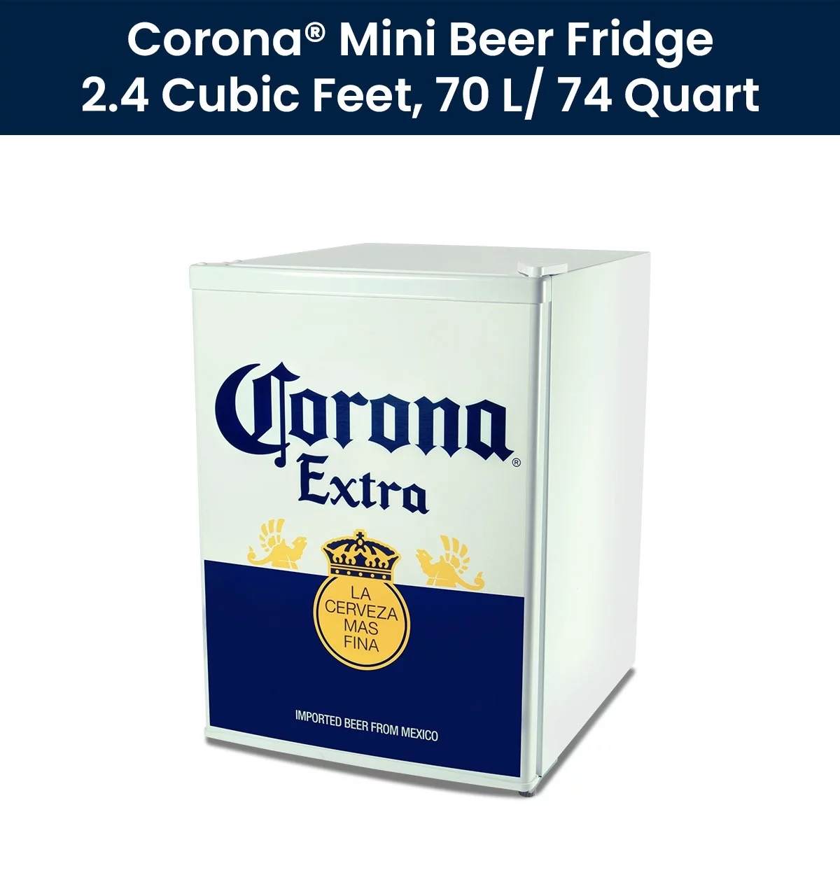 Corona Mini Beer Fridge with Freezer, 2.4 Cu. ft, 70 L for Frozen Meals, Beverages, White Blue