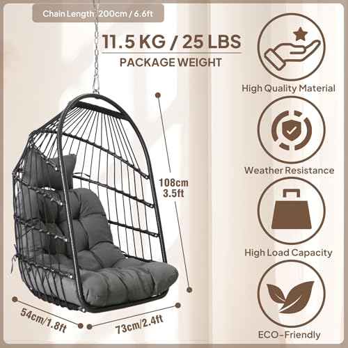 Chihee Egg Chair Foldable Wicker Rattan Hanging Chair Swing Chair Indoor Outdoor Patio Wicker Chair Hammock Chair with Stainless Steel Hanging Kit