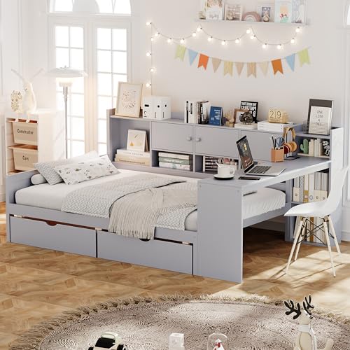 Corner Twin Bed Frame with Bookcase Storage and Desk, Wood Day Beds with 2 Drawers, Twin Size Daybed with Storage for Living Room