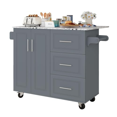 4 EVER WINNER Rolling Island with Storage and Drop Leaf, Marble Tabletop, Kitchen Carts on Wheels with Towel Rack & Spice Rack
