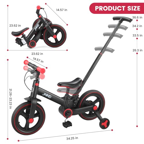 JMMD Toddler Bike with Push Handle for Kids 18-60 Months, 6 in 1 Foldable Push Bike with Training Wheels, Pedals, Brakes, Kickstand