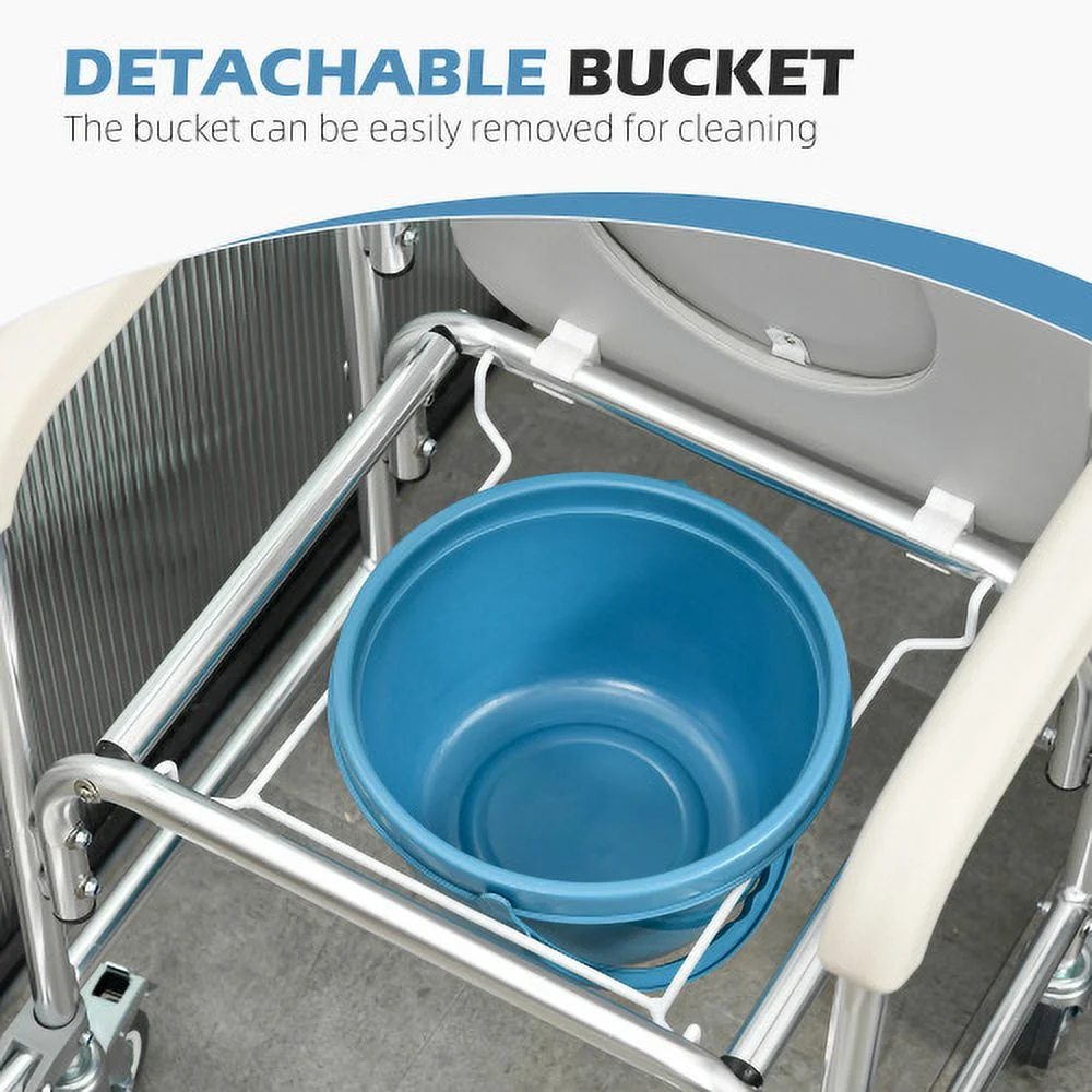 HOMCOM 3-in-1 Shower Commode Wheelchair, Transport Beside Commode Chair