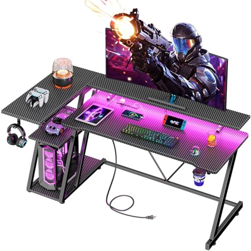 55 Inch Gaming Desk with Power Outlet & LED Lights, L Shaped Gamer Computer Table with Storage Shelves for Bedroom, Corner Home Office Desk