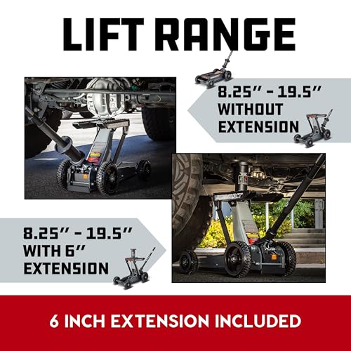 Powerbuilt 2 Ton Triple Lift Floor Jack, Lifts Cars, Trucks, Motorcycles, ATV's, Transmissions, Tie-Down Loops, Locking Safety Bar - 620422E, Silver