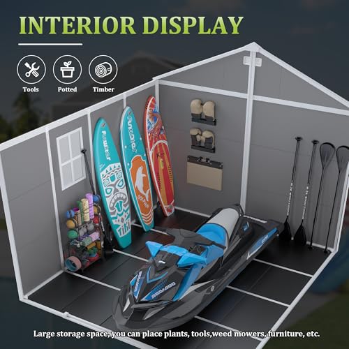 8x8 FT Outdoor Resin Storage shed - Waterproof Garden Sheds with Vents, Lockable Double Doors and Windows for Lawn, Backyard, Patio, Tool Storage Use