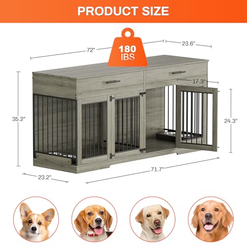 Rophefx 72" Dog Crate Furniture for 2 Dogs, Large Double Dog Kennel Indoor Furniture with 2 Storage Drawers and Removable Divider