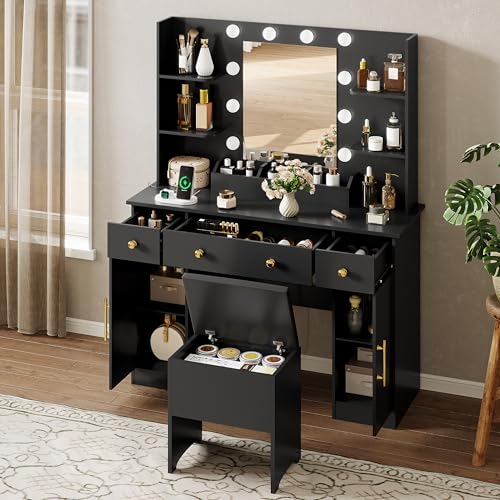Vanity Desk with Mirror and Lights, Makeup Vanity with Charging Station & Vanity Stool
