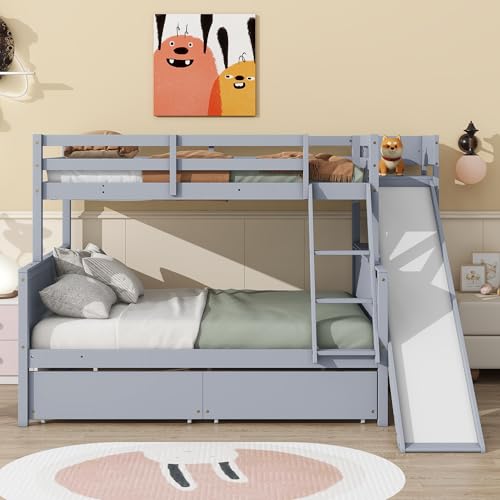 Bunk Beds Twin Over Full Size, Pine Solid Wooden Bunk Bed with Slide, Storage Staircase, Safety Guardrails for Kids, White