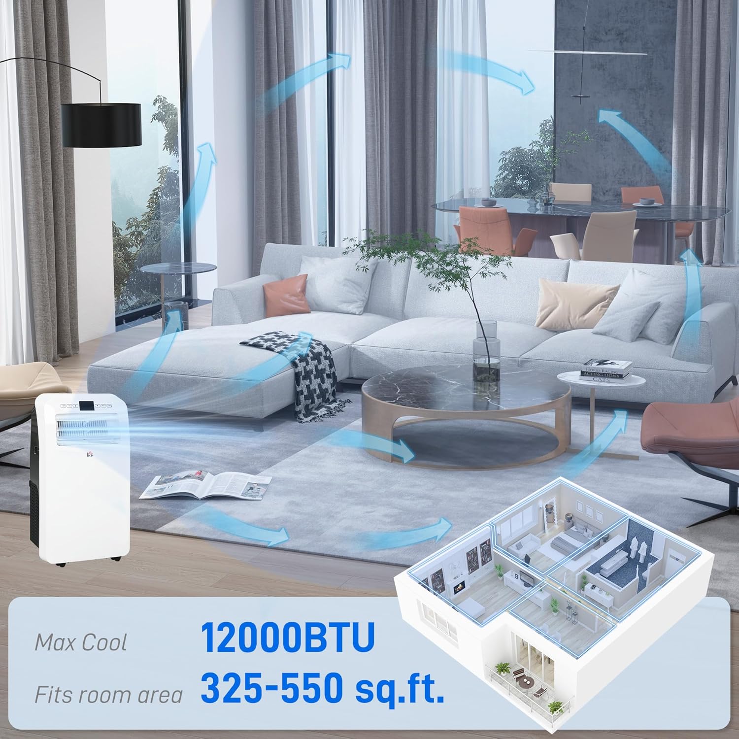 HOMCOM 12000 BTU Portable Air Conditioner for Rooms Up to 550 Sq. Ft., 3-in-1 AC Unit with Dehumidifier, Cooling Fan, Remote, 24H Timer On/Off