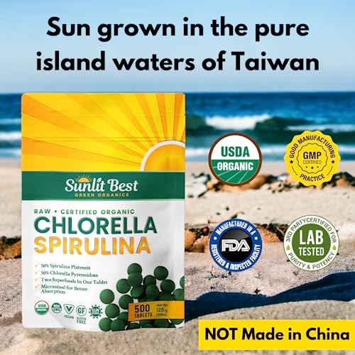 Sunlit Best Organic Chlorella Spirulina 500 Tablets - Pure Superfood Supplement Spirulina Chlorella Pills with Burst & Cracked Cell Wall Algae