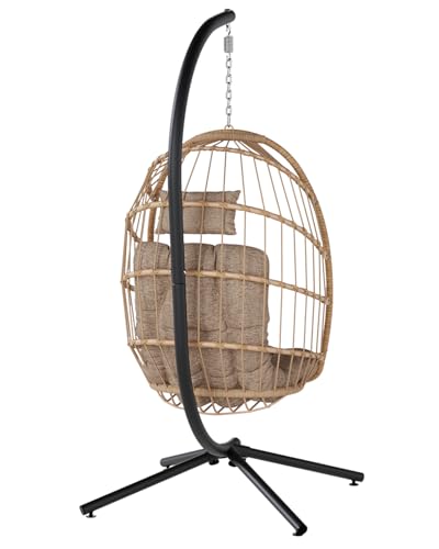 SWITTE Egg Chair Outdoor with Stand, Indoor Wicker Hanging Egg Swing Chair with Cushion, 350lbs Capacity for Patio, Bedroom, Garden - Gray