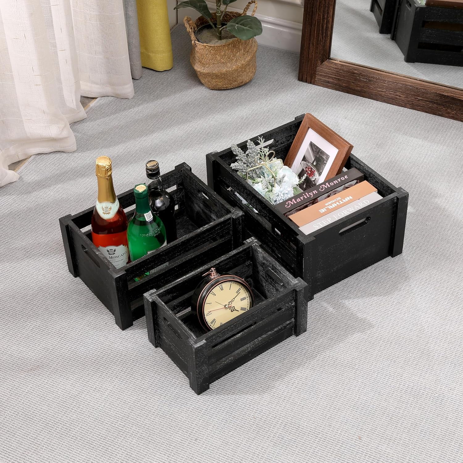 Large Classic Black Wooden Crates For Dispaly,Set Of 3 Wood Crates With Handles,Rustic Handmade Wood Boxes For Storage Or Display
