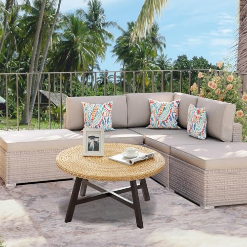 RANDEFURN Coffee Table Round, Seagrass Coffee Tables,Pine Wood X Base Frame Cocktail Table, Easy Assembled, Multiple Sizes for Living Room