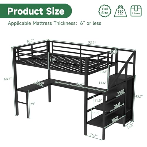 Queen Size Metal Loft Bed with L Shaped Desk and Wardrobe, Heavy Duty Loft Bed Frame with Storage Stairs, High Loft Bed Frame with LED