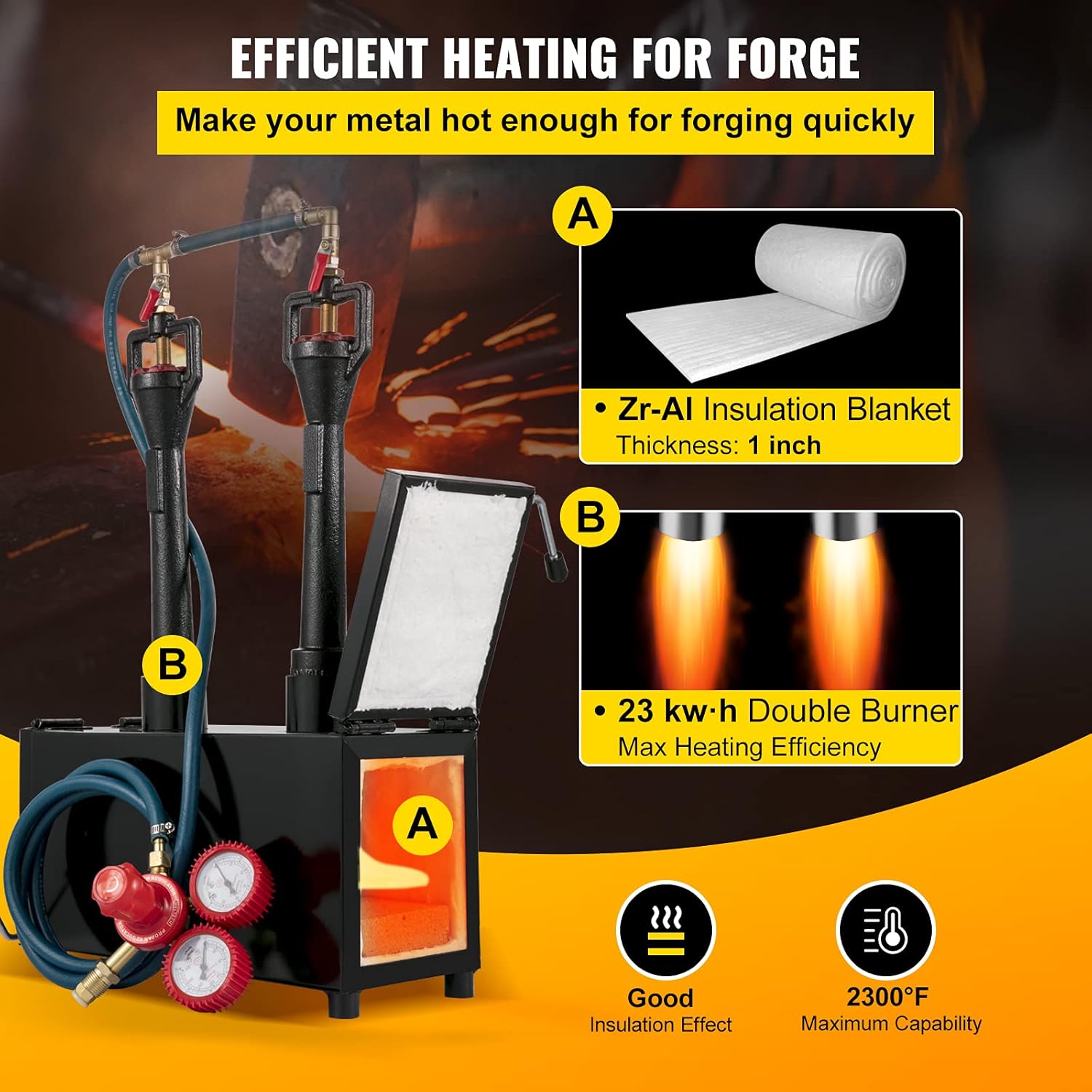 VEVOR Propane Knife Forge, Blacksmithing Forge with Dual Burners, Portable Propane Forge with Two Durable Doors, Large Capacity Farrier Forge