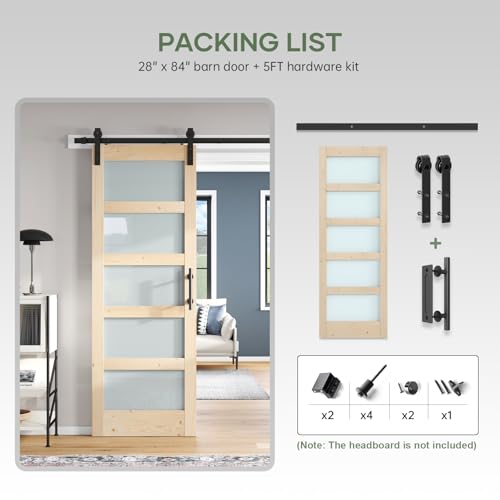 42x84 inch Glass Sliding Barn Door Slab with 7ft Hardware Kit Included, 5-Panel Frosted Glass, Spruce Wood Support DIY Dyeing, Easy Assembly