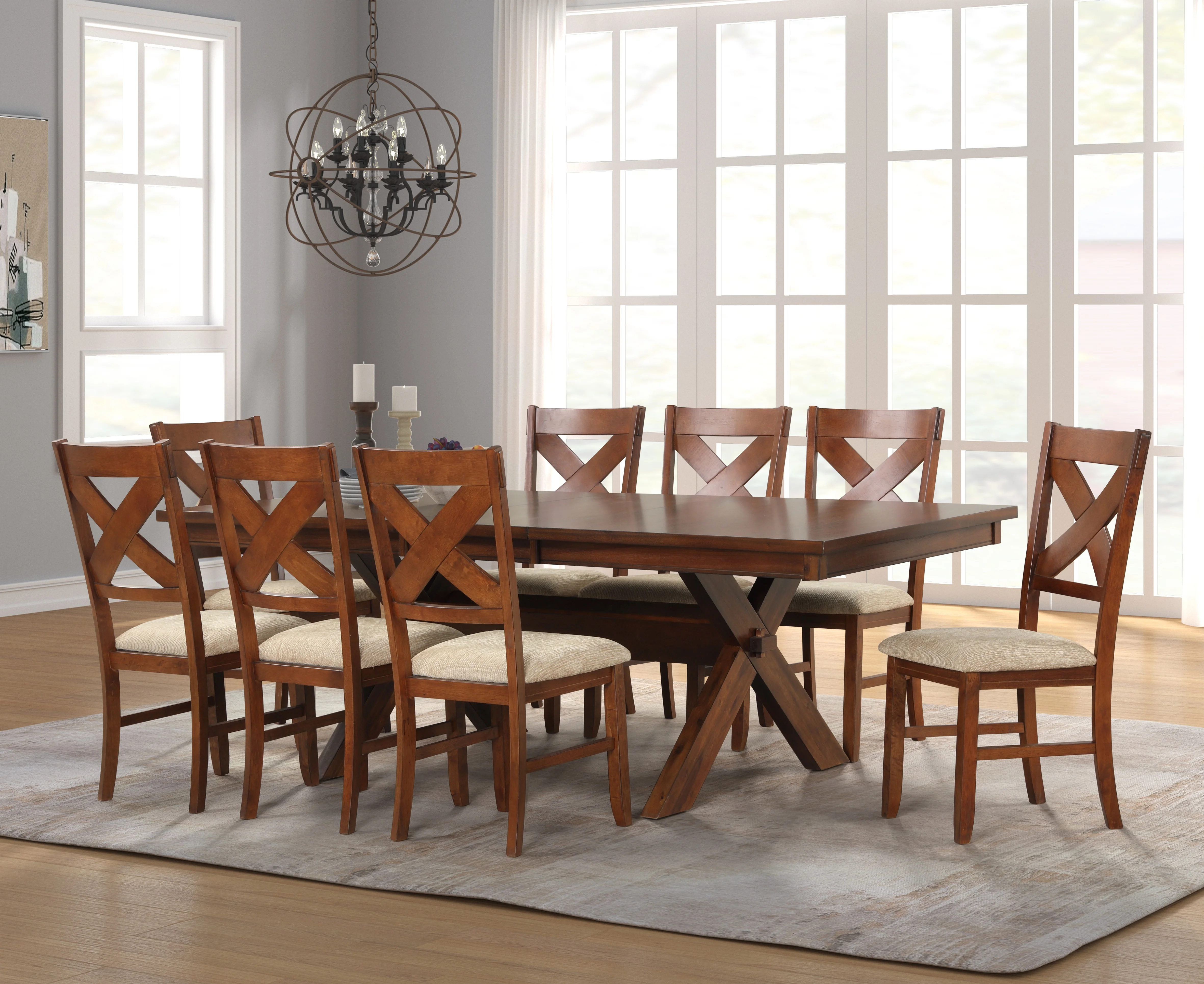 Roundhill Furniture Karven 9-Piece Extendable Dining Set - Glazed Pine Brown - Radiant Selections