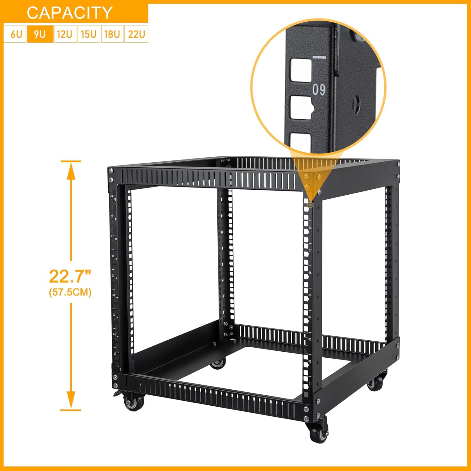 RIVECO 9U Open Frame Server Rack with Casters- Heavy Duty 4 Post Quick Assembly 19-inch, Stereo Rack Network Cabinet Black