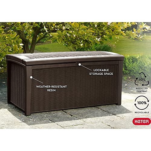 Keter Outdoor Storage Deck Box, for Patio, Backyard & Garden, Borneo, 110 Gallon, Brown - Lockable, Organizing, and Waterproof Plastic Container Bench