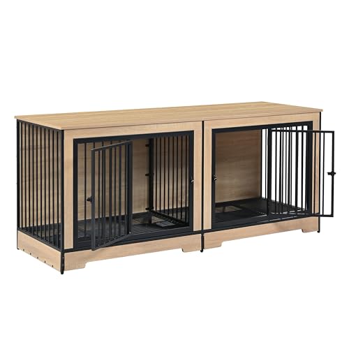 63'' Double Dog Crate Furniture for 2 Dogs, XXL Wooden 2 Dog Kennel, Wooden Dog Kennel with 2 Drawers,Divider and Sliding Door