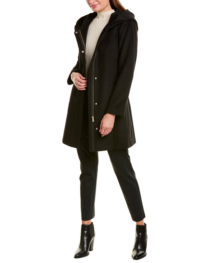 Cole Haan Wool Blend Zip Font Hooded Coat Black 10 at Hautelook
