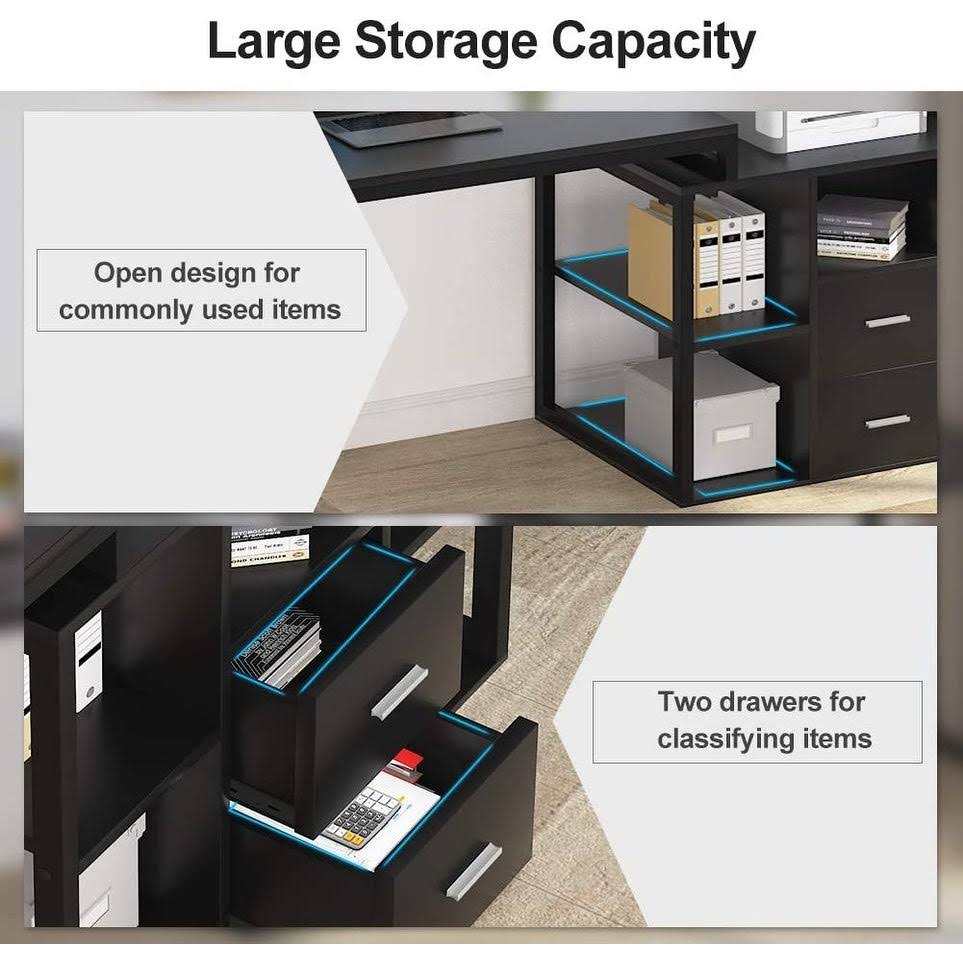 114 inch Double Computer Desk Two Person Office Desk with File Cabinet - Black