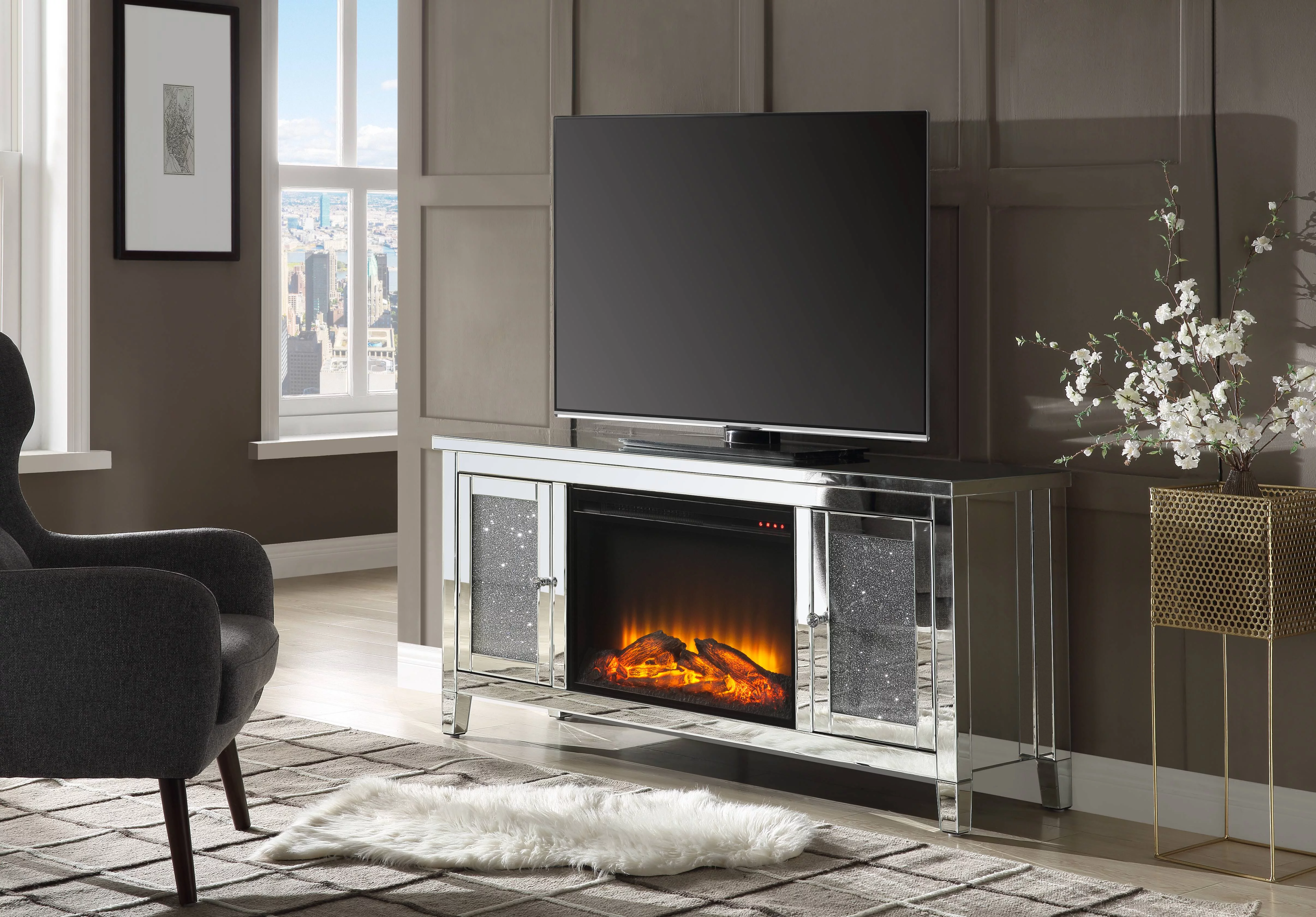 Nora lie TV Stand with Fireplace (LED) in Mirrored & Faux Diamonds