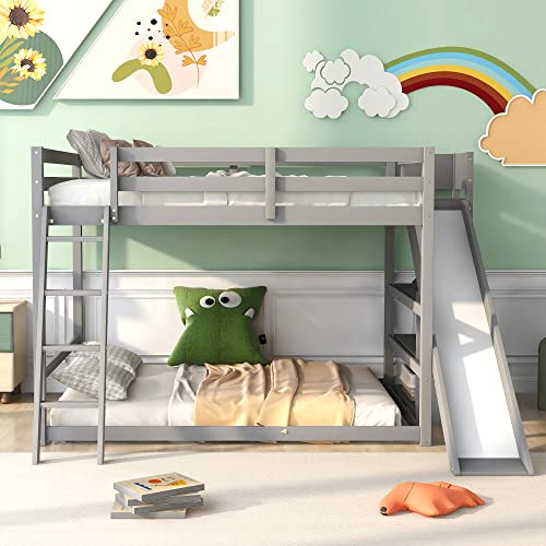 Full-Over-Full Castle Style Bunk Bed with 2 Drawers and 3 Shelves, Wood Bunk Bed Frame with Slide and Storage Staircase for Kids Teens Boys Girls