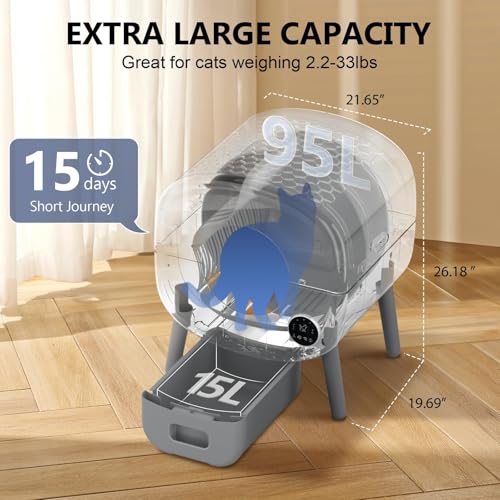 Cumrige Self Cleaning Litter Box, Large Capacity Automatic Cat Litter Box Self Cleaning for Cats, App Control,Safety Protection, 2 Roll Garbage Bags