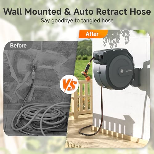 Giraffe Tools AW30 1/2MB Retractable Garden Hose Reel 1/2" x 100 ft PRO Metal Bracket, Heavy Duty, Any Length Lock Hose Reel, 100 ft, Dark Grey