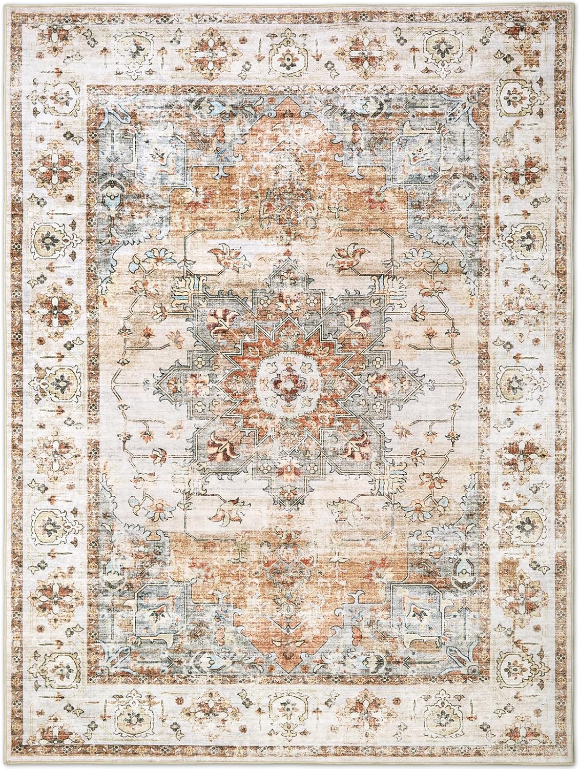 Vintage Living Room Area Rug 9x12 - Large Washable Soft Low-Pile Rugs