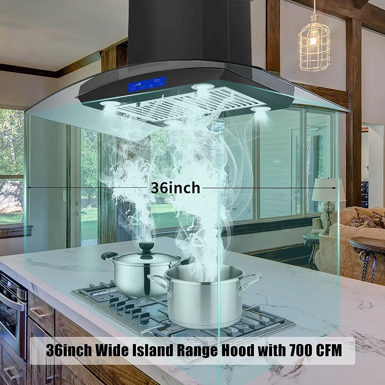 Tieasy Range Hood 36 inch Island Mount Range Hood 900 CFM Kitchen Digital Panel 3-Speed
