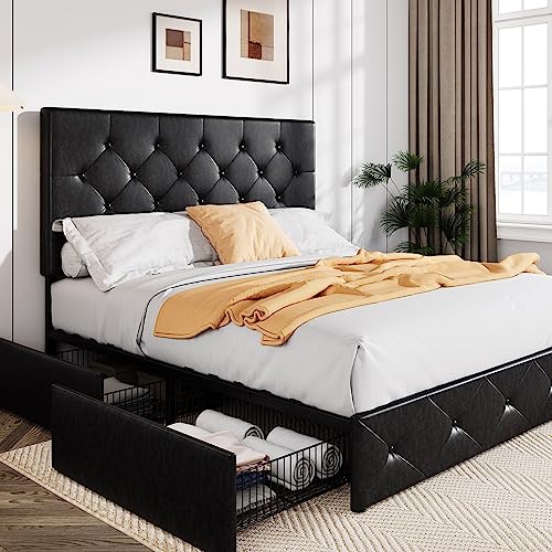 Allewie Upholstered Queen Size Platform Bed Frame with 4 Storage Drawers and Headboard, Square Stitched Button Tufted