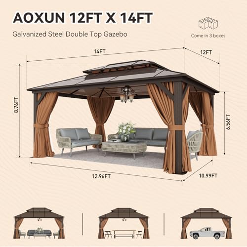 Aoxun 12'x16' Hardtop Gazebo, Aluminum Frame Permanent Pavilion with Netting and Curtains, Outdoor Polycarbonate Double Roof Canopy