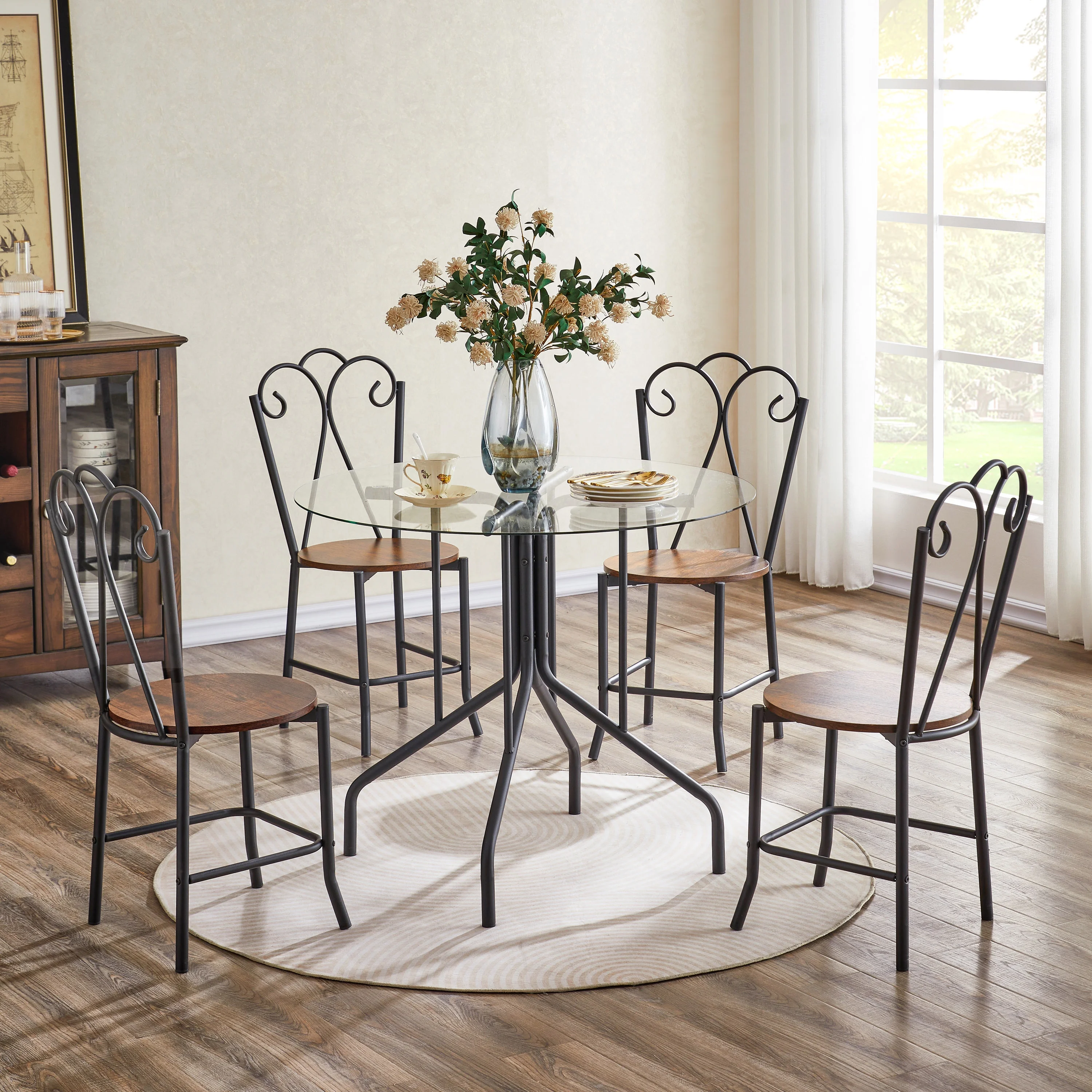 5-Piece Tempered Glass Table w/ 4 Chairs,Modern Round Dining Table Furniture Set for Home, Kitchen, Dining Room,Dining Table and Chair