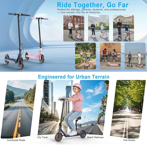 Electric Scooter for Adults with Seat, Folding Commuter E Scooter with 350W Motor, 19MPH Speed, 21 Miles Long Range, Dual Brakes, App Control