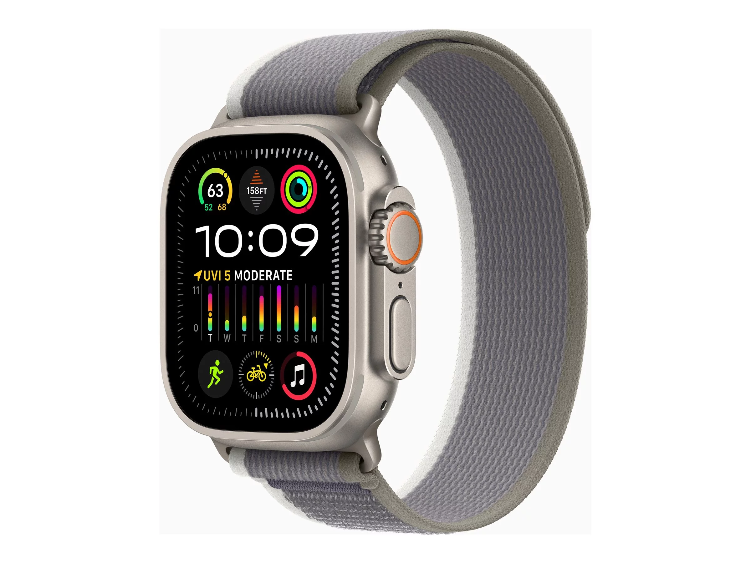 Apple Watch Ultra 2 [GPS + Cellular 49mm] Smartwatch with Rugged Titanium Case & Green/Grey Trail Loop S/M. (Carbon Neutral)
