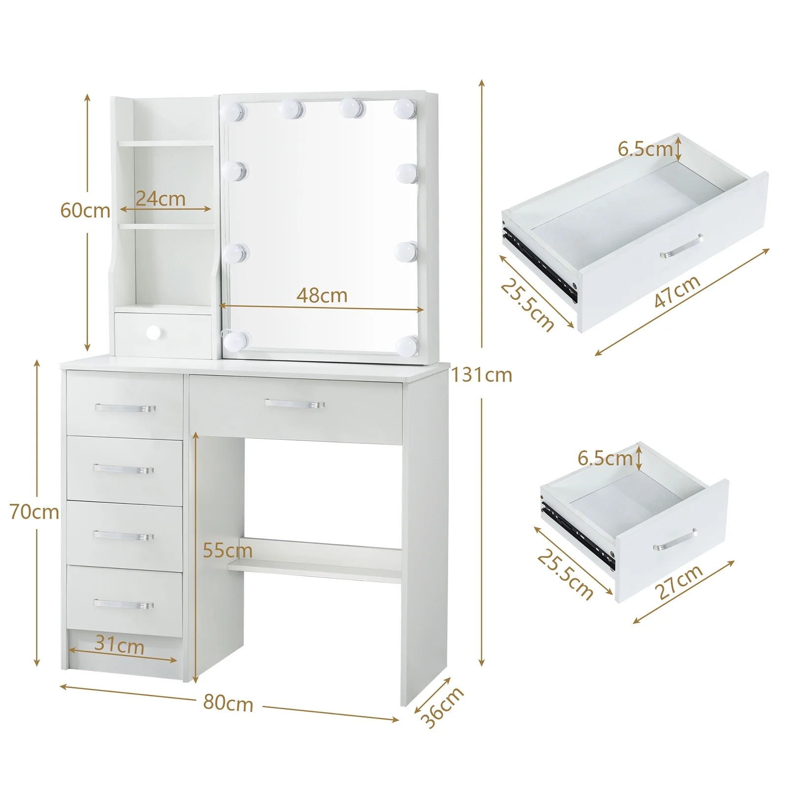 Jarbalai Makeup Vanity for Bedroom Makeup Table with Mirror and Lights, White