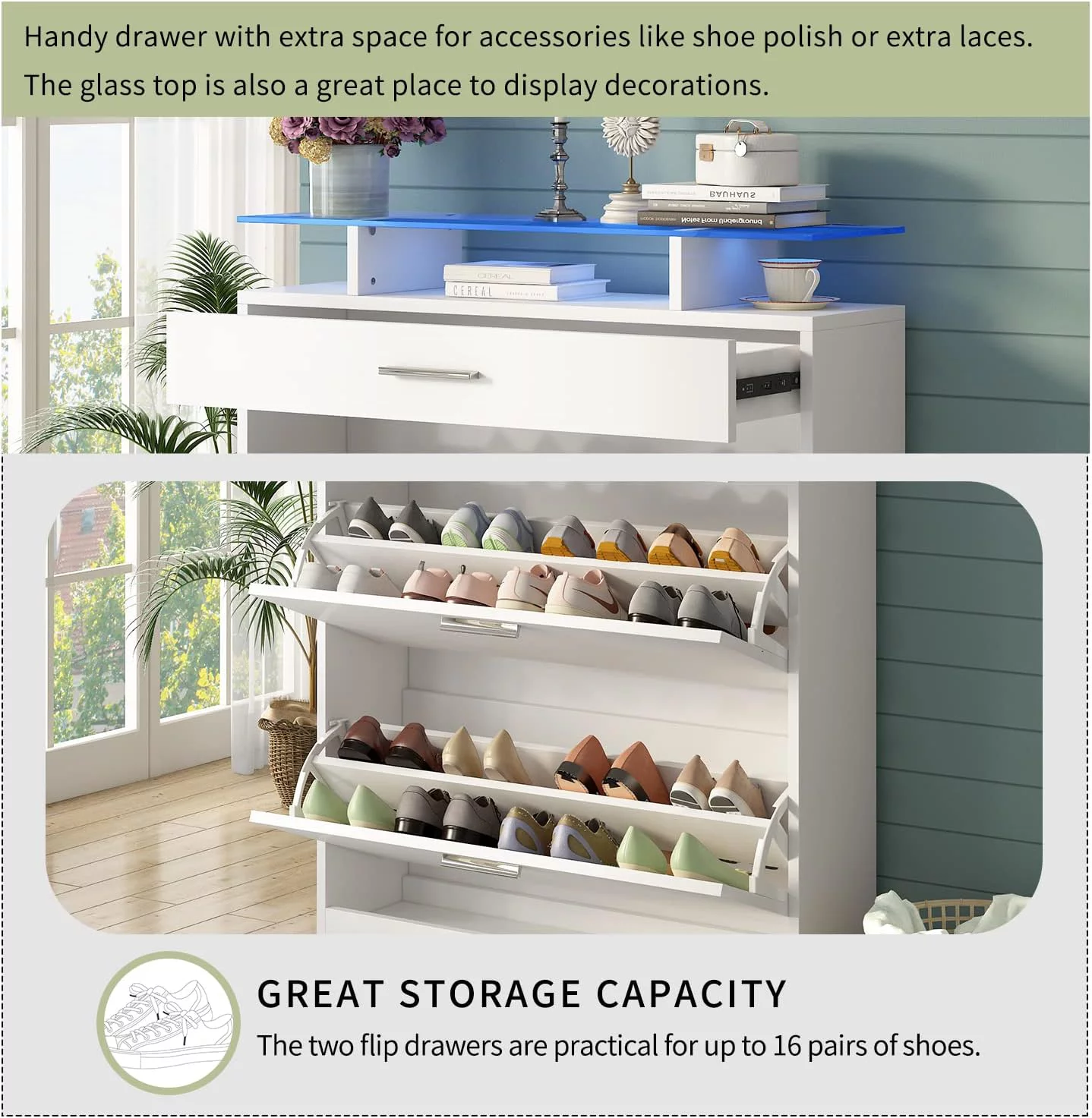 AngLink Slim Entryway Shoe Cabinet with 2 Flip Drawers, Modern Tempered Glass Top Shoe Storage Organizer with Drawer and Open Shelves